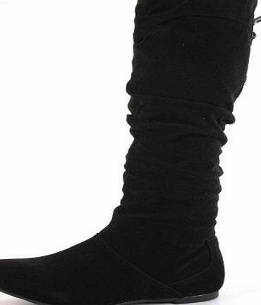 ShoeFashionista Ladies Flat Winter Biker Style Low Heel Calf High Leg Knee Boots Size - shoeFashionista Branded