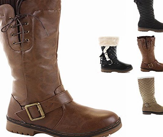 ShoeFashionista Style D Tan Size 6 - Ladies Flat Winter Fur Quilted Snow Low Heel Calf High Leg Knee Boots New