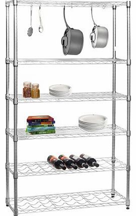 Shopfitting Warehouse Chrome Kitchen Shelving Unit with 4 Shelves, 2 Wine Racks and 6 S Hooks