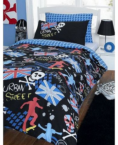 SKATER URBAN STREET SKATER UNION JACK SKULLS DOUBLE BED DUVET COVER QUILT BEDDING SET