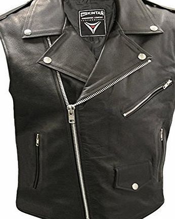 Mens Real Genuine Leather Full Grain Cowhide Plain Brando Motorcycle Biker Gilet Waistcoat Cut Off Classic Custom Cruiser Motorbike Shirt Collar Jacket Sleeveless Belted Vest in Black Jax with Epaulet