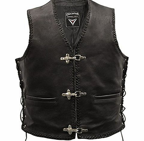 Mens Real Genuine Leather Full Grain Cowhide Unisex Plain Lace Sided Tasselled Motorcycle Biker Gilet Buckle Waistcoat Classic Custom Cruiser Motorbike Shirt Jacket Laced String Tassle Vest in Black b