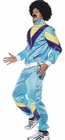 Mens 1980s Blue Scouser Shell Suit Fancy Dress Costume - FREE Wig And Moustache. Medium