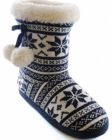 Socks Uwear SlumberzzZ Ladies Fairisle Knit Pom Pom Boot Slipper FT0459A UK 3-4 Navy