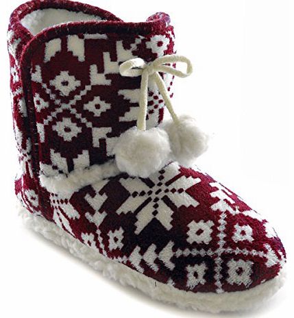 Socks Uwear SlumberzzZ Ladies Nordic Knit Pom Pom Boot Style Slipper FT0783 UK 7-8 Red