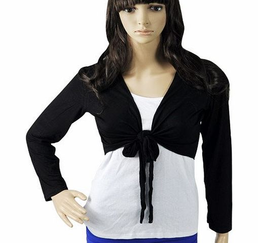 SODIAL(R) LADIES LONG SLEEVE TIE UP CROP SHRUG WOMENS WRAP BOLERO CARDIGAN TOP - black