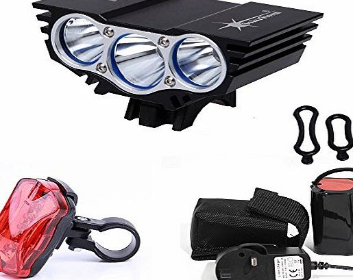 Solarstorm 6600Lm Headlamp Cree x3 Bicycle Bike led Headlight Flashlight Black With 4x18650 Battery Pack 6400Mah   Rear light