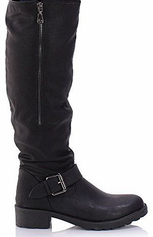 Sole Affair BACKWOODS Womens Ladies Chunky Low Heel Knee High Fur Lined Flat Biker Riding Calf Boots Size UK 5, EU 38 Black