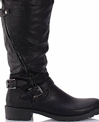 Sole Affair DASH Ladies Womens Leather Style Knee High Chunky Block Heel Flat Biker Zip Boots Shoes Size UK 3, EU 36 Black