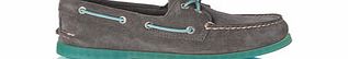 Grey and blue suede lace-up boat shoes