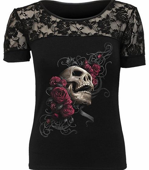 Spiral Rose Skull Lace Shoulder Short Sleeved Top