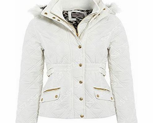 SS7 PADDED Womens Hood Fur WINTER JACKET, Sizes 8 to 16 (UK - 16, Off - White)