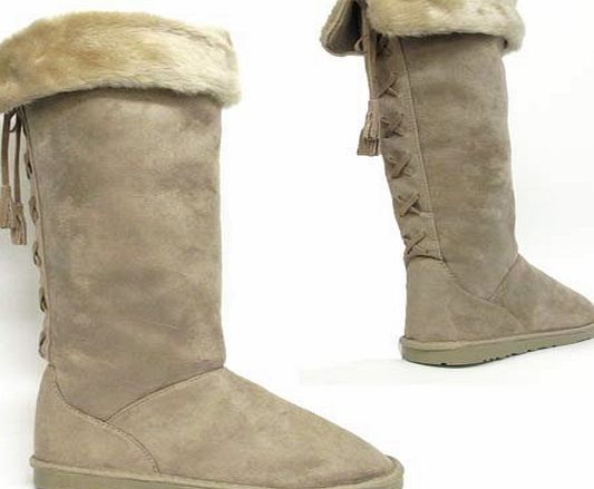 STAR DISTRIBUTORS LADIES FUR BOOTS WOMENS GIRLS WINTER BIKER WARM SNUG FLAT THERMAL FUR LINED BOOTS SHOES (Ladies UK 3, Beige)