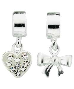 sterling Silver Bow and Crystal Heart Charms