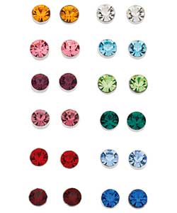 Sterling Silver Crystal Stud Earrings - 12 Pairs