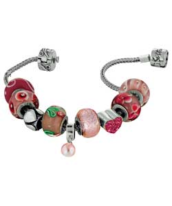 Silver Pink Bead and Charm Bracelet