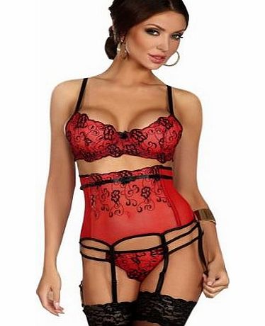 StrawberryGum Ismena Luxury Bra, Deep Suspender Belt and Matching G-String Set (S/M (UK 6 to 10), Red/Black)