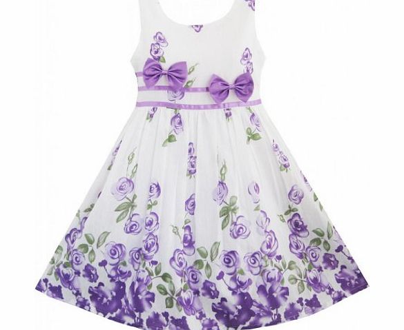 Girls Dress Purple Rose Flower Double Bow Tie Party Kids Sundress Size 7-8 Years