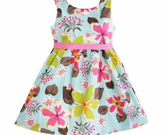 Sunny Fashion K91 Girls Dress Blue Flower Print Children Clothing Size 4-5 Y