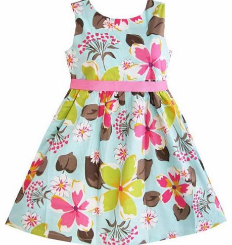 Sunny Fashion K92 Girls Dress Blue Flower Print Children Clothing Size 6 Y