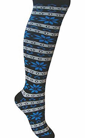 TeddyTs Ladies Extra Chunky Fairisle Cushioned Thermal Knee High Socks (Black amp; Blue)