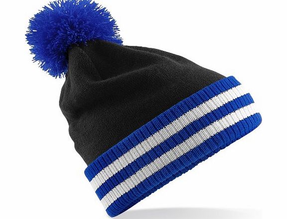 TeeIsland Varsity Striped Hipster Beanie Unisex Hat - 6 Colours (Black / Royal Blue)