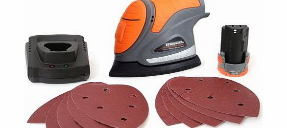 Terratek 12V Li-Ion Cordless Detail Power DIY Palm Sander, 10 Sanding Sheets, 1.3Ah Battery,Charger amp; Carry Case