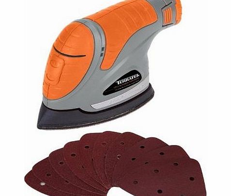 Terratek 12V Li-Ion Cordless Detail Power Palm Sander, 10 Sanding Sheets, 1.3Ah Battery,Charger amp; Carry Case