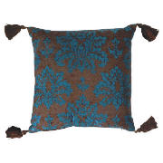 Tesco Damask Chenille Tassel Cushion , Teal