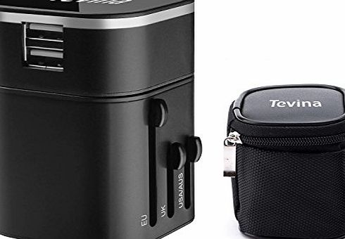 Tevina Travel Adaptor -Tevina Travel Charger Two USB Ports Universal World Wide All-in-one Wall Charger Adapter Plug Built-in 3.2 A For Home (Black)