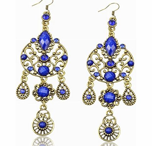 Thboxes Long Crystal CZ Teardrop Vintage Copper Eardrop Hook Royal Blue Dangle Earrings