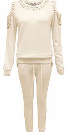 NEW LADIES CUT OUT BEADED JOGGING SUIT WOMENS SWEATSHIRT PANTS FULL TRACKSUIT