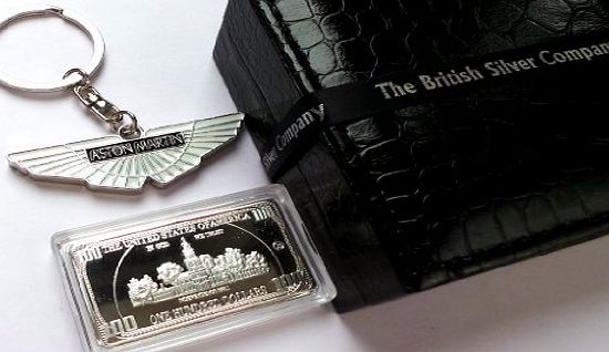 The British Silver Company Aston Martin SILVER CHROMED Keyring amp; Bulliion Bar $100 Dollar Bill Gift Set for DB7 DBS DB9 Vanquish Vantage Zagato Virage Keychain