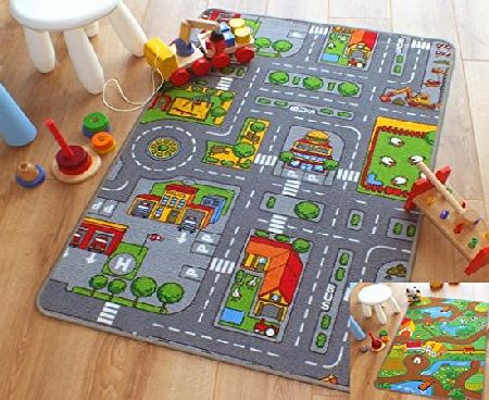 The Good Rug Company Reversible Road Map Farm Animal Cars Rug Play Mat 100cm x 165cm (33 x 54 approx)