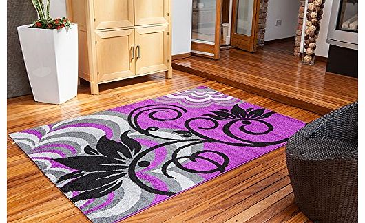 Modern Luxury Soft Montego Purple & Black Floral Motif Lounge Rug - 3 Sizes Available