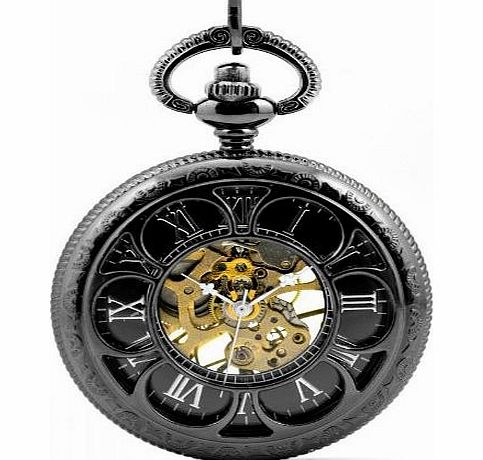 Tirio Vantasy Antique Magic Roman Half Hunter Black Steel Hollow Skeleton Hand Wind Mechanical Pocket Watch Long Chain Value Quality