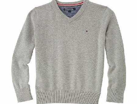 Tommy Hilfiger Boys E557116572 Tommy Vn Sweater L/S V-Neck Long Sleeve Jumper, Heather Grey, 18-24 Months