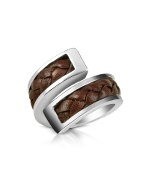Tonino Lamborghini Brown Braided Leather Sterling Silver Wrap Ring