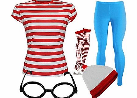 TrendyFashion LADIES WOMEN WHERES STYLE WALLY FANCY DRESS TSHIRT GIRLS HAT SKY LEGGINGS OUTFIT(5PClt;S/M)