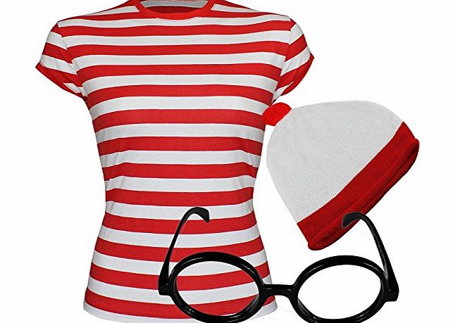 TrendyFashion WOMENS LADIES RED amp; WHITE STRIPE GIRLS T-SHIRT HAT GLASSES SOCKS FANCY DRESS # T H G Small