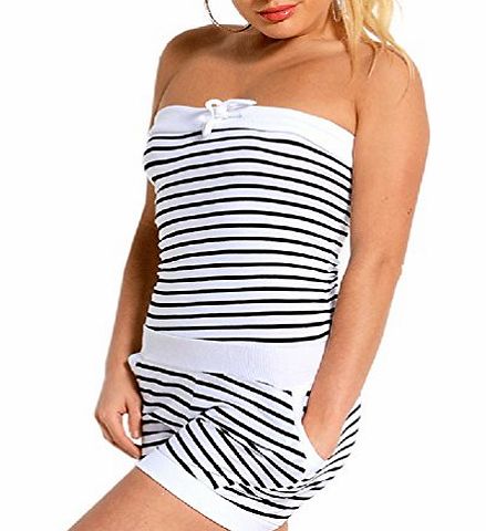 TrendyFashion WOMENS LADIES SEXY BANDEAU SUMMER STRIPED JUMPSUIT STYLISH GIRLS WEAR CASUAL PLAYSUIT#BLACK/WHITEM/L