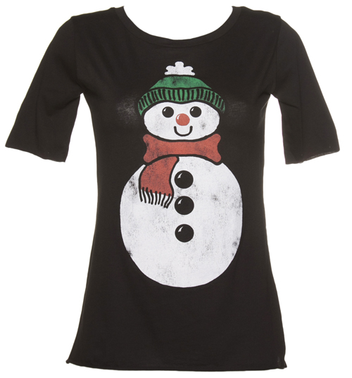 Ladies Black Snowman Christmas Slouch Scoop Neck