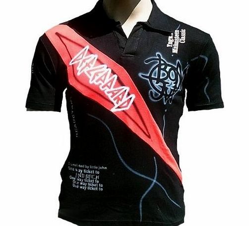 Unfledged Herren Men Hommes Polo T-Shirt Schwarz Rot Geiles Clubwear Rock Star Club ViP Rockstar Heavy Metal Tribal Tattoo Design M 46/48