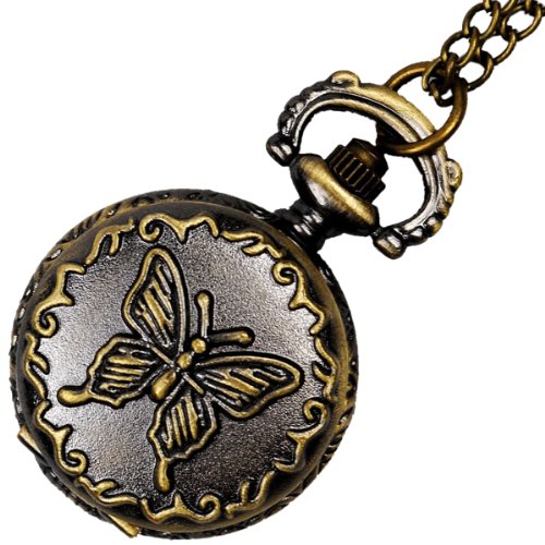 Vintage Ladies Necklace Pendant Watch Bronze BUTTERFLY