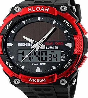 UniqueBella Fashion Sport Mens Solar Powered Analogue - Digital Dual Time Display Wrist Watch Red