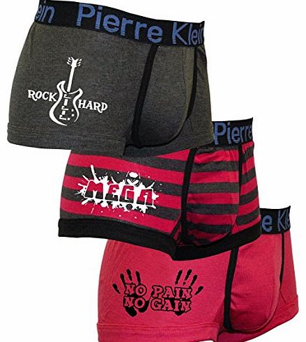 UniversalGarments Mens 3 Pack Pierre Klein ROCK HARD-MEGA-NO PAIN NO GAIN Funny Jersey Boxer Short-Fashion Trunks-Black Waistband-XX-Large