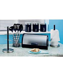 Includes: bread bin, kitchen roll pole, mug tree, set of 3 canisters, utensil set (ladle, turner, sl