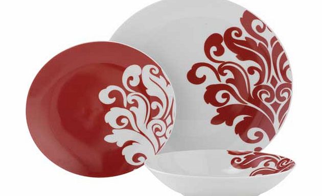 Unbranded 12 Piece Porcelain Damask Dinner Set - Cranberry