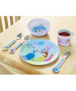 Melamine.Plate diameter 20cm. Bowl diameter 14cm. Mug 235ml. Stainless steel knife, fork and spoon. 