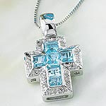 9ct. White Gold Blue Topaz & Diamond Cross Pendant